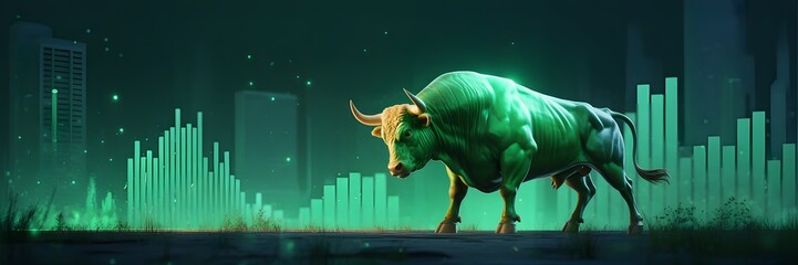 Bull Symbolizing Market Growth: A stylized image presents a bull, radiating a luminous green glow, with a data chart backdrop, symbolizing financial growth.