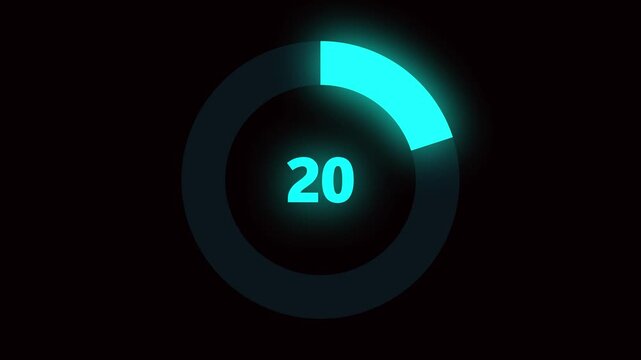 Numerical counting from 0 to 20. Circular progress bar with bright neon blue light. Countdown timer from 0 to 20 seconds real time. Modern flat design of countdown animation with alpha channel.