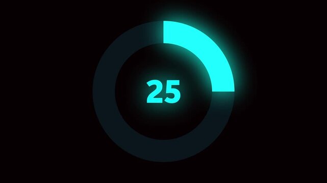 Numerical counting from 0 to 25. Circular progress bar with bright neon blue light. Countdown timer from 0 to 25 seconds real time. Modern flat design of countdown animation with alpha channel.