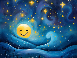 Whimsical Night Sky with a Smiling Yellow Moon and Twinkling Stars