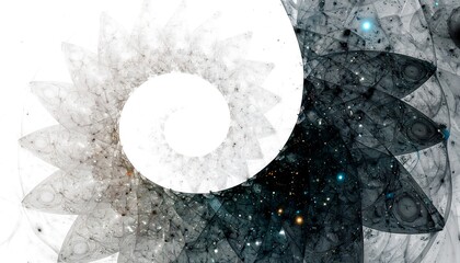 Abstract spiral galaxy illustration with swirling light and dark elements