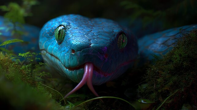 A vividly colored serpent emerges from lush foliage, its forked tongue extended in a captivating display of natural power and primal beauty, rendered with detailed textures.
