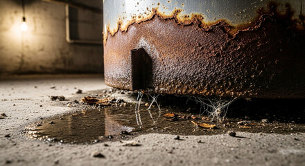 Corroded metal tank base with severe rust and water leak on concrete floor. Industrial decay and maintenance issue.