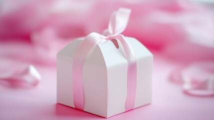 a white catoon box, with a handle , a pink ribbon arround the box as a break cancer awarness campaign 