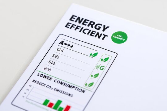 Close up of an energy efficient label showing a+++ rating and lower consumption graph data