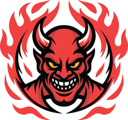 Devil head mascot illustration, fiery demon face vector, aggressive character logo, red flames clipart, evil grin design, esports tattoo graphic