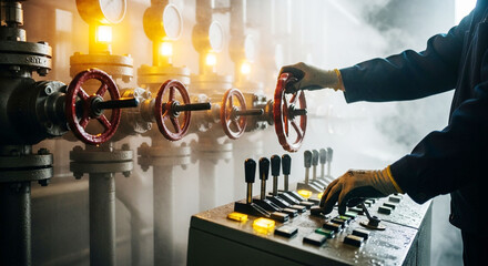 Industrial Worker Operating Control Panel and Turning Valves in a Production Facility with Steam