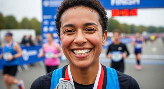 Close-up portrait of a woman runner with a medal after finishing a race