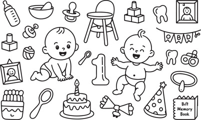 Charming Hand Drawn Black and White Illustration of Babys First Year with Crawling and Standing Babies and Milestone Elements