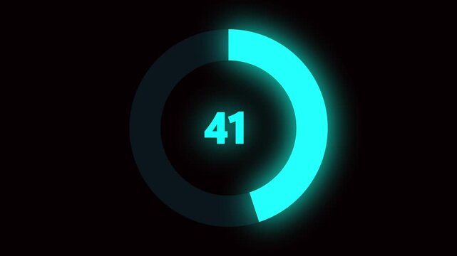 Numerical counting from 0 to 63. Circular progress bar with bright neon blue light. Countdown timer from 0 to 63 seconds real time. Modern flat design of countdown animation on black background.