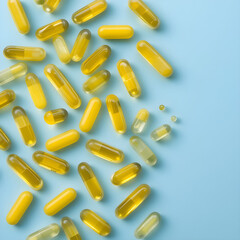 fish oil vitamin capsules scattered on a vibrant blue background.