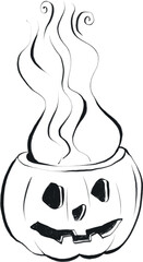 A spooky black and white illustration vector of a carved Halloween pumpkin with smoke rising from within.  Perfect for Halloween-themed designs.