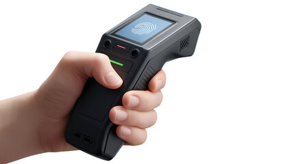 A hand holding scanner with fingerprint sensor visible on it. Biometric sensor and finger. Privacy and security concept
