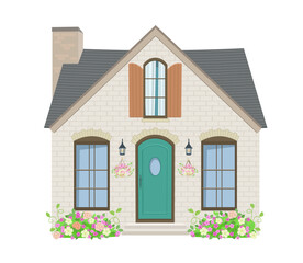cute brick house with shutters windows, chimney. pretty cozy two story building with lanterns decorated flowers