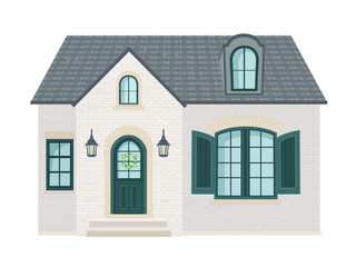 cute brick house with shutters windows.  pretty cozy two story building with lanterns. front door with floral wreath