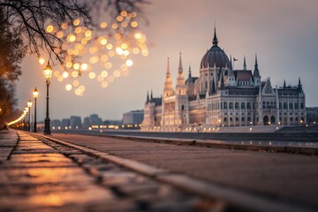Fototapeta premium Majestic hungarian parliament building illuminated at dusk with bokeh lights