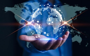 Businessman touching a digital world map on a virtual screen, symbolizing global business and social network connections