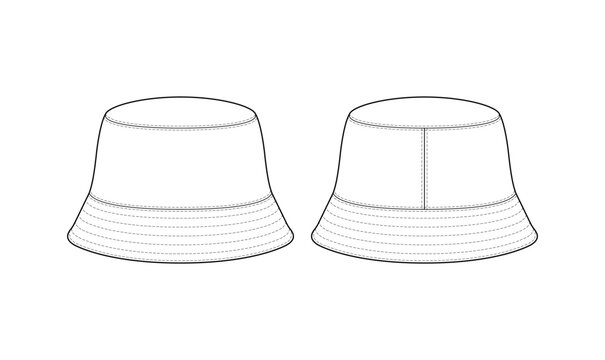 hat flat sketch vector, outline drawing, round bucket technical drawing, front and back view, white background 