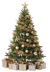 Elegant christmas tree decorated with gold ornaments and presents, png, transparent, isolated