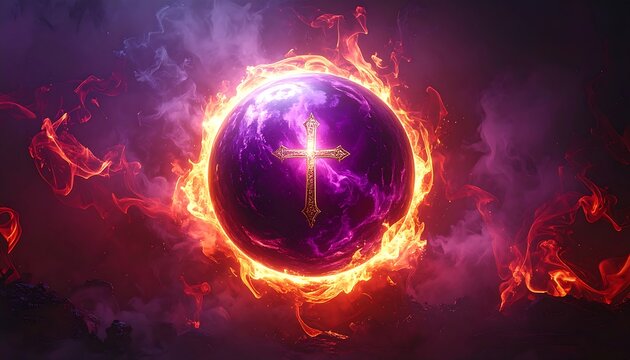 A vibrant sphere, enveloped in fiery flames, displays a golden cross, creating a captivating image of religious imagery.