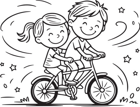 Pedal Power Pals: A playful illustration shows two joyous children, boy and girl, sharing a bicycle and a cheerful ride, creating a lighthearted depiction of fun. 