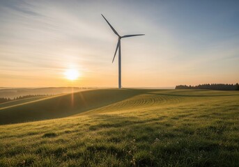 Obraz premium Renewable wind energy turbines spin in a vibrant green field under a clear blue sky