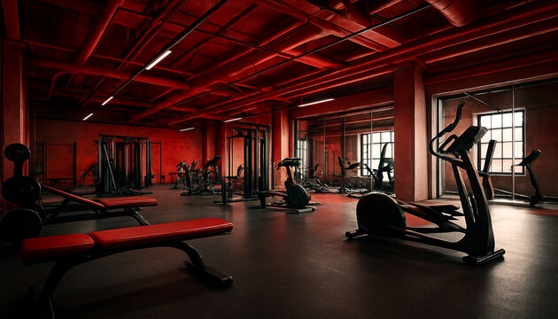 Industrial style gym with red accents black walls exposed beams concrete surfaces and modern workout equipment for fitness and training design concepts