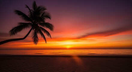 Majestic palm tree silhouette against a vibrant tropical sunset over the ocean beach