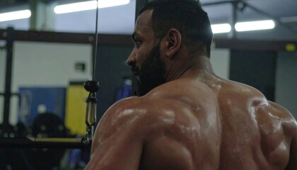 close-up shot of a sweaty man's back and shoulder, showcasing his hard workout in the gym