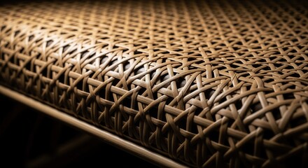 Detailed close up of intricate woven rattan furniture texture with natural brown hues