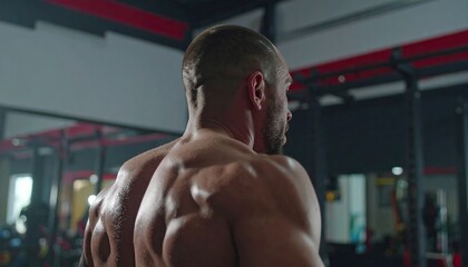 close-up shot of a sweaty man's back and shoulder, showcasing his hard workout in the gym