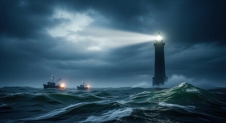 Dramatic lighthouse beam illuminates two fishing boats navigating a turbulent stormy sea at night
