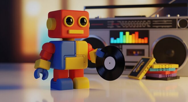 Whimsical block robot toy holding vinyl record with retro boombox and cassettes