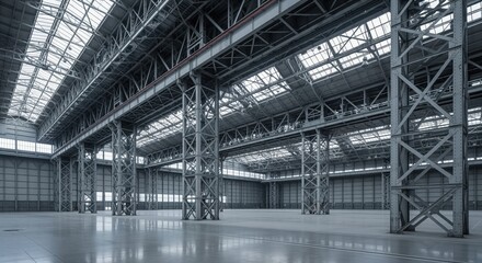 Naklejka premium Massive empty aircraft hangar interior with colossal steel frame roof and towering support beams