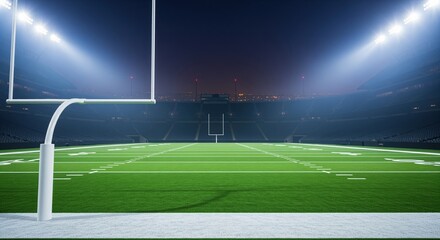 Fototapeta premium Professional american football stadium field at night with bright lights and goalposts