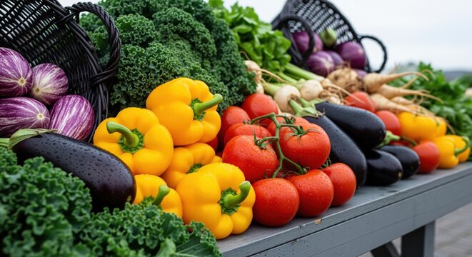 Vibrant assortment of fresh organic vegetables with dew drops on a market table