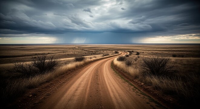 Winding dirt road stretching across desolate plain under dramatic storm clouds and rain
