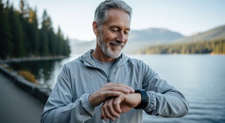 Smiling senior man checking smartwatch after outdoor walk by a scenic lake and forest