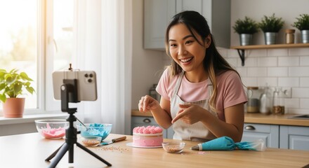 Cheerful asian woman filming cake decorating tutorial on smartphone in cozy kitchen