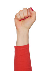 Female hand showing fist gesture isolated over transparent or white backgroud 