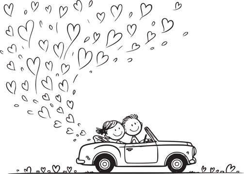 Love Journey: A whimsical illustration captures the essence of romance as a couple embarks on a road trip of love, surrounded by a cascade of hearts.