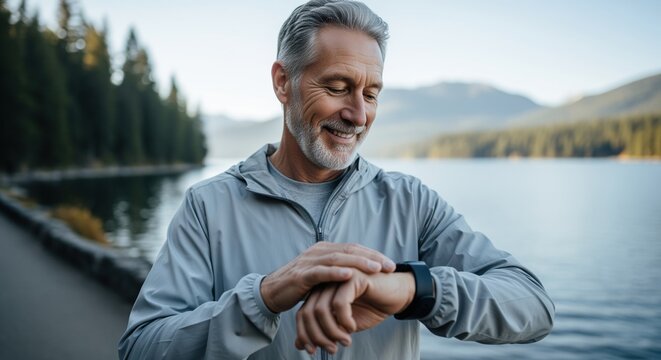 Smiling senior man checking smartwatch after outdoor walk by a scenic lake and forest - Powered by Adobe