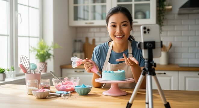 Cheerful asian woman decorating a blue cake, recording a baking tutorial with her smartphone in a bright kitchen.