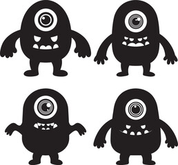 Four cute cyclops monster silhouettes with big eyes and arms