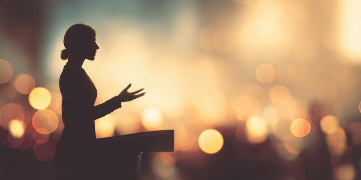 The silhouette of a woman passionately speaking at a professional event.