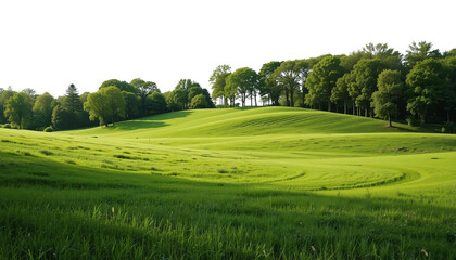 Obraz premium Green rolling hills with lush grass and a forest line, a tranquil and scenic nature landscape with a transparent background, perfect for a website banner, presentation slide, or graphic overlay.
