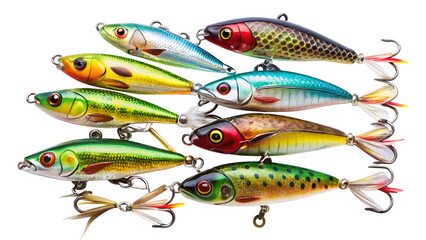 Eight Realistic Fishing Lures Arranged in Two Rows fishing bait artificial bait isolated on a transparent background