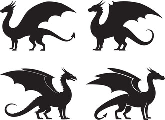 Fototapeta premium Four distinct dragon silhouettes showcasing mythical creature designs silhouette