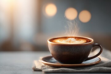 Obraz premium Warm steaming coffee with intricate latte art, evoking cozy comfort.