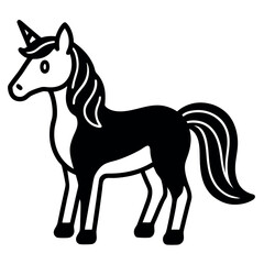 Elegant Black and White Unicorn Illustration with Graceful Mane and Tail Ideal for Fantasy and Mythological Themes